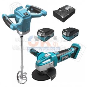   Dedra gép szett burkoloknak keverő + 7050 sarokcsiszoló + töltő+2 db akku (1×4Ah+1×5Ah)  (akkuszett5k)